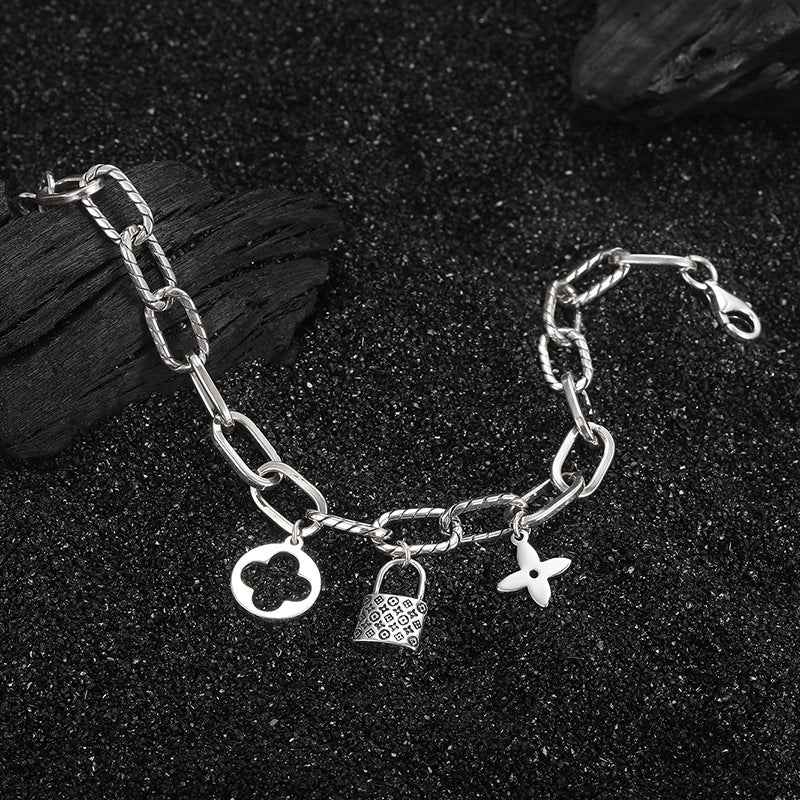 Goth Style Sterling Silver Lock Clover Bracelet | GothReal