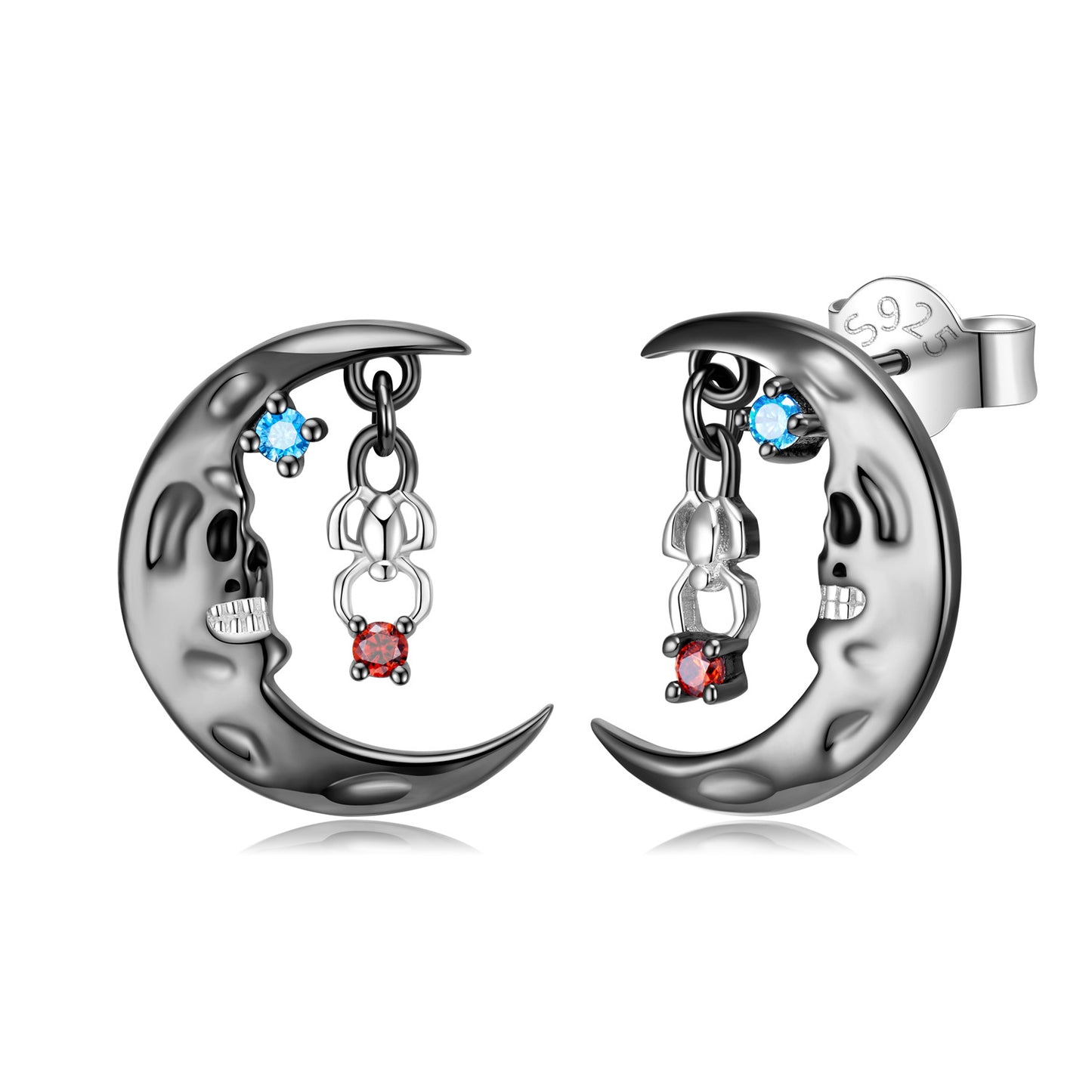 Goth Style Sterling Silver Moon Spider Skull Zirconia Earrings - A Pair - Multi | GothReal