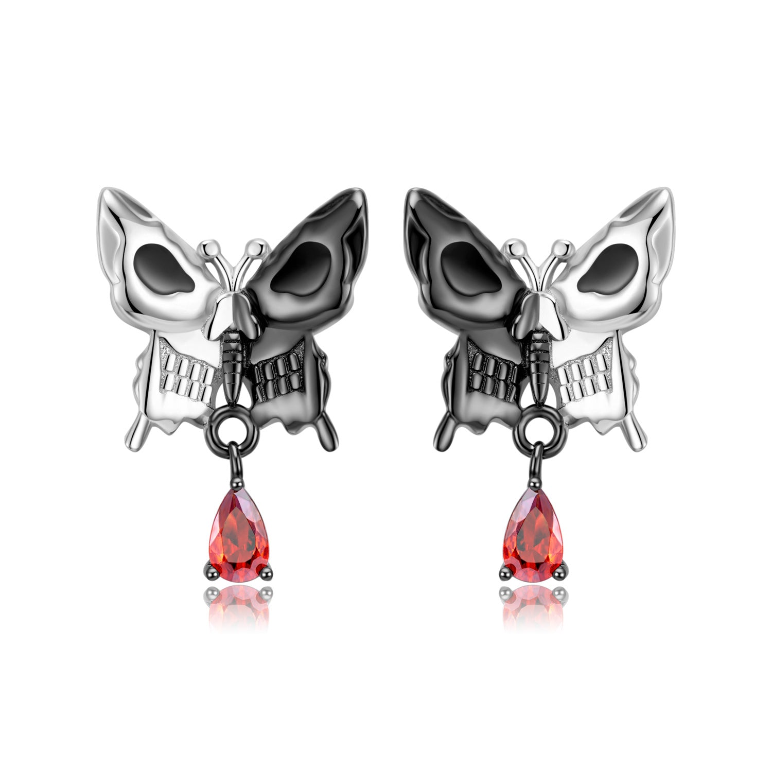 Goth Style Sterling Silver Skull Butterfly Zirconia Earrings - A Pair - Multi | GothReal