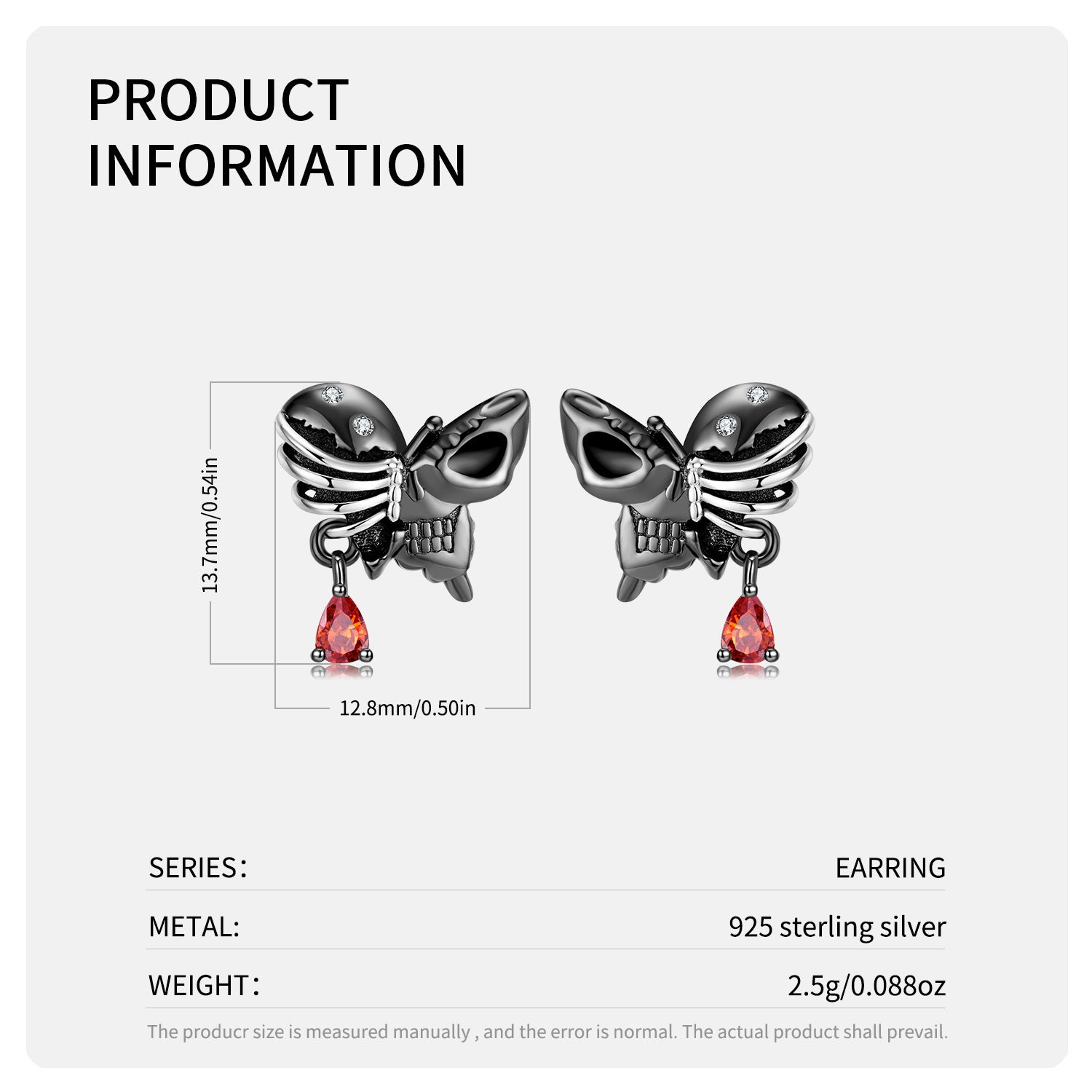 Goth Style Sterling Silver Skull Butterfly Zirconia Earrings - Pair | GothReal