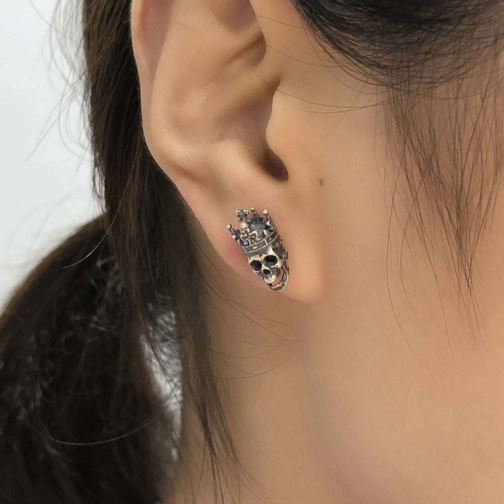 Goth Style Sterling Silver Skull Crown Earrings - Single | GothReal