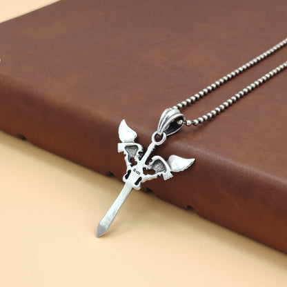 Goth Style Sterling Silver Skull Wings Crossed Sword Pendant | GothReal