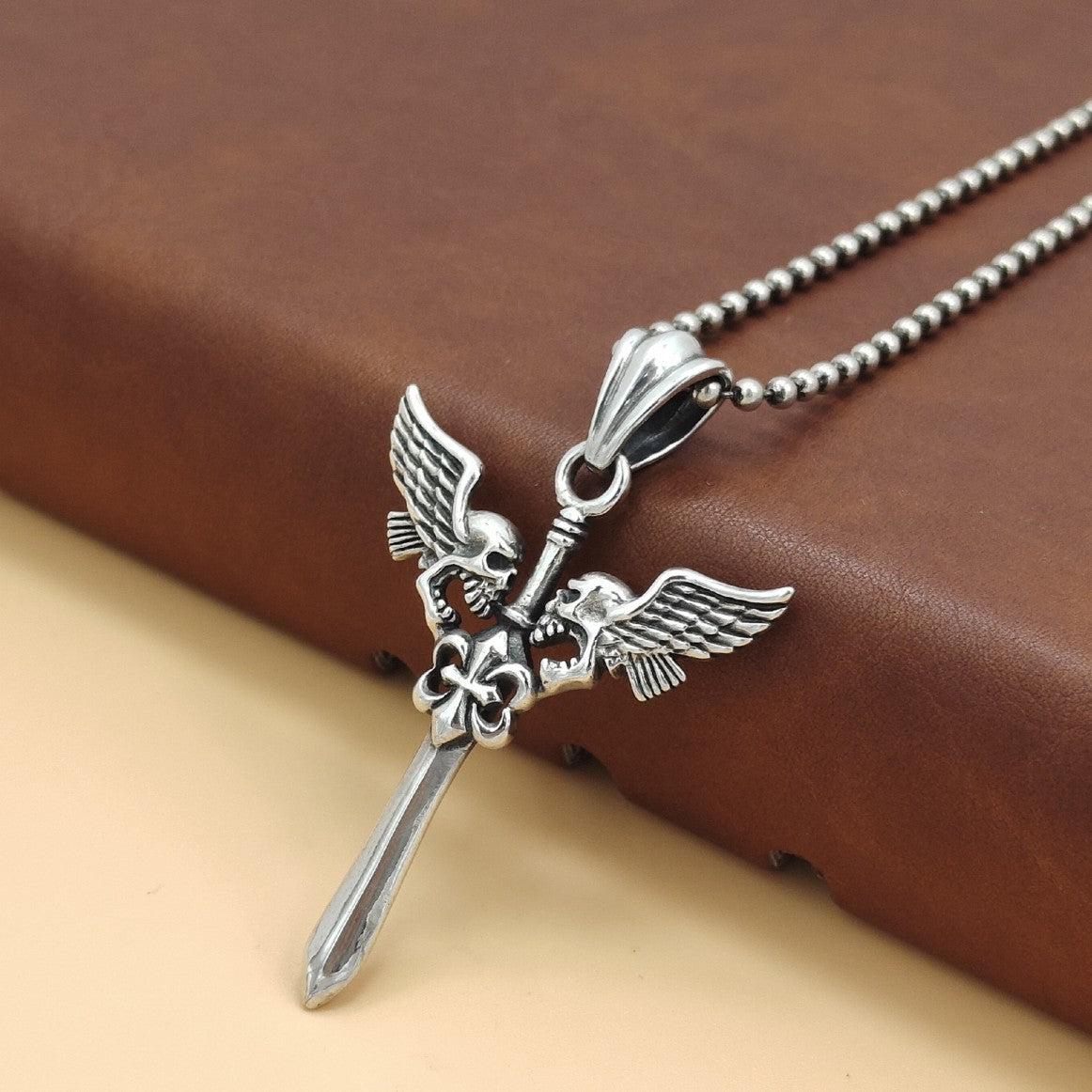 Goth Style Sterling Silver Skull Wings Crossed Sword Pendant - Silver | GothReal