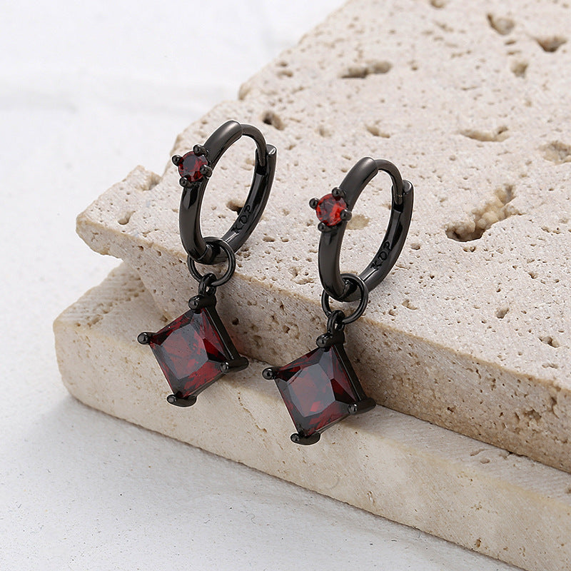 Goth Style Sterling Silver Square Diamond Earrings - A Pair - Dark Red | GothReal