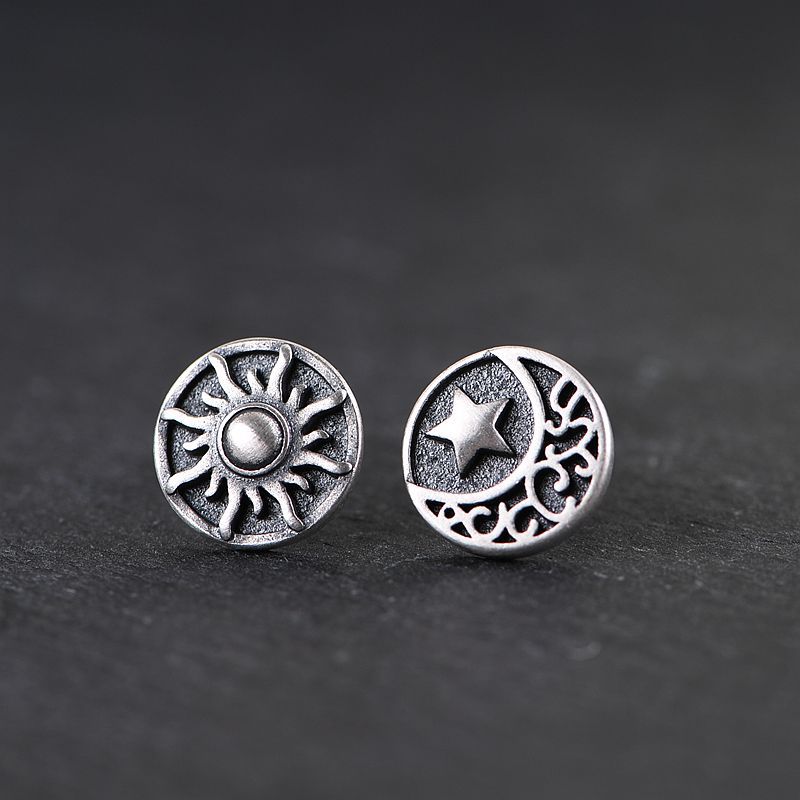 Goth Style Sterling Silver Sun Moon Star Stud Earrings - A Pair - Silver | GothReal