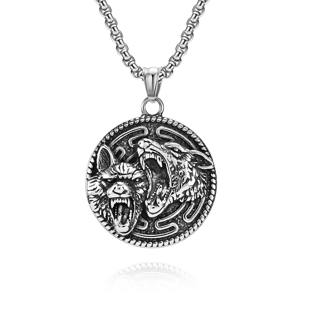 Goth Style Viking Wolf Head Pendant With Necklace - Silver | GothReal