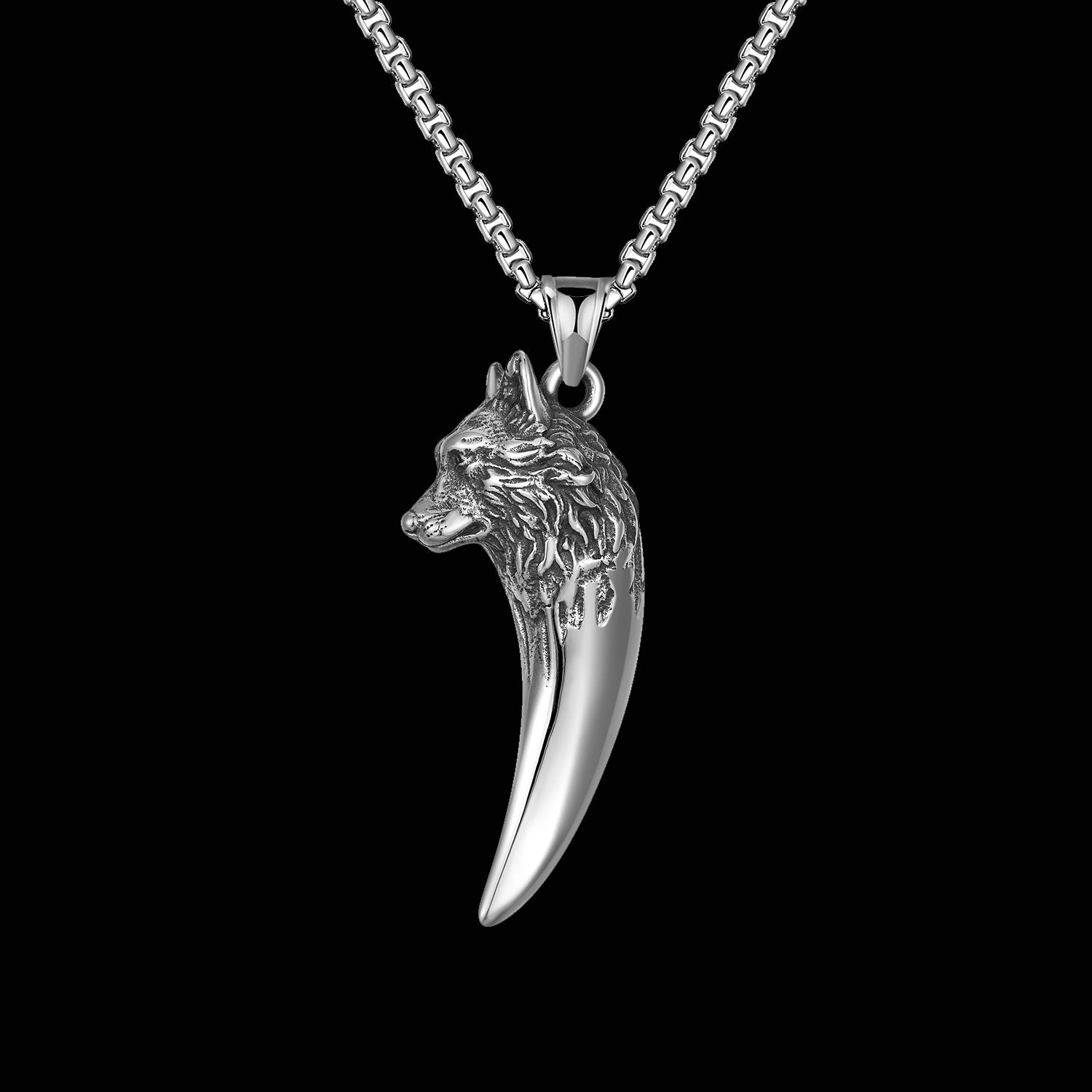 Goth Style Wolf Head and Tooth Pendant With Necklace - Silver | GothReal