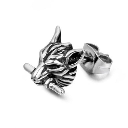 Goth Style Wolf Head  Stud Earrings - Single - Silver | GothReal
