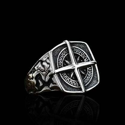 Cracks Compass Cross Ring Silver Rings - GOTH-REAL