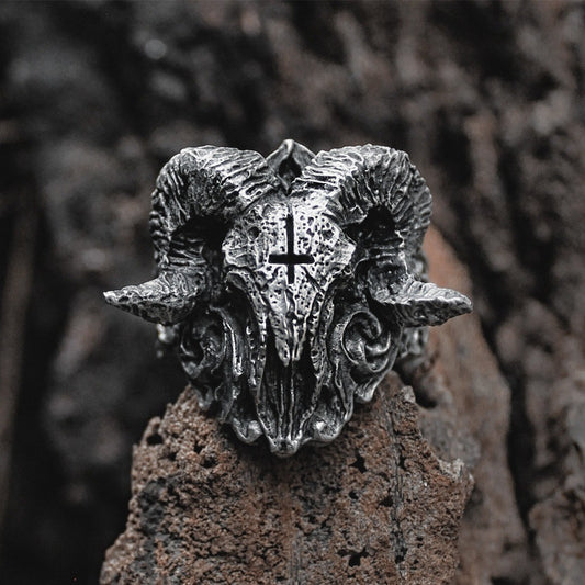 Domineering Goat Cross Ring Rings - GOTH-REAL